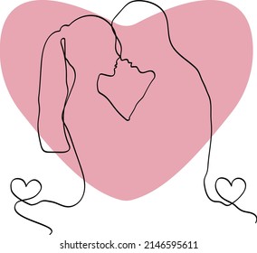 One Line Art Couple, Line Art Man and woman on the background of the heart,  Vector illustration. Couple print, Kiss print. Love poster. Modern continuous line art.