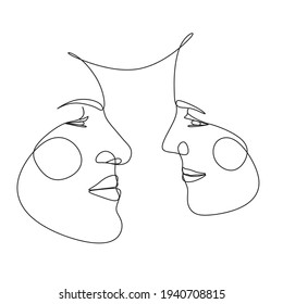 One Line Art Couple, Line Art Men and woman, Minimal Face Vector.  Couple print, Kiss print, Valentines Day Illustration. Love poster. 2 faces. We are one line. 