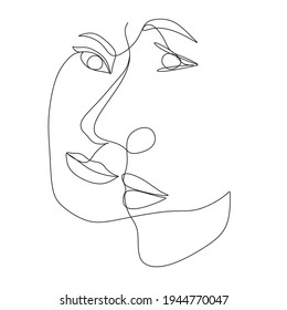 One Line Art Couple, Line Art Men and woman, Minimal Face Vector.  Couple print, Kiss print, Valentines Day Illustration. Love poster. 2 faces. We are one line. 