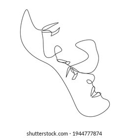 One Line Art Couple, Line Art Men and woman, Minimal Face Vector.  Couple print, Kiss print, Valentines Day Illustration. Love poster. 2 faces. We are one line. 