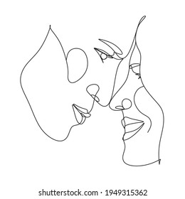 One Line Art Couple, Line Art Men and woman, Minimal Face Vector.  Couple print, Kiss print, Valentines Day Illustration. Love poster. 2 faces. We are one line. 