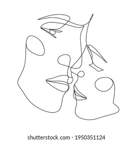 One Line Art Couple, Line Art Men and woman, Minimal Face Vector.  Couple print, Kiss print, Valentines Day Illustration. Love poster. 2 faces. We are one line. 