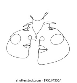 One Line Art Couple, Line Art Men and woman, Minimal Face Vector.  Couple print, Kiss print, Valentines Day Illustration. Love poster.  faces. We are one line. 