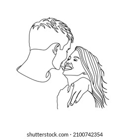 One Line Art Couple, Line Art Men and woman, Minimal Face Vector.  Couple print, Kiss print, Valentines Day Illustration. Love poster. 2 faces. We are one line. 