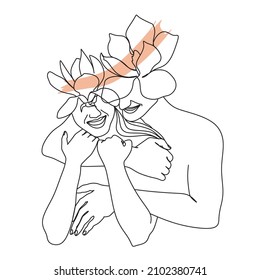 One Line Art Couple, Line Art Men and woman, Minimal Face Vector.  Couple print, Kiss print, Valentines Day Illustration. Love poster. 2 faces. We are one line. 