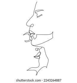 Pareja de arte de una línea, hombres de arte de línea y mujer, vector de caras mínimo.  Pareja impresa, Beso impreso, Valentines Day Illustration. Afiche de amor. 2 caras. Somos una línea. 