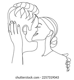 One Line Art Couple, Line Art Men and woman, Minimal Face Vector.  Couple print, Kiss print, Valentines Day Illustration. Love poster. 2 faces. We are one line. 