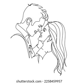 One Line Art Couple, Line Art Men and woman, 2 faces. Couple print, Kiss print .vector line drawing.