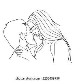 One Line Art Couple, Line Art Men and woman, 2 faces. Couple print, Kiss print .vector line drawing.