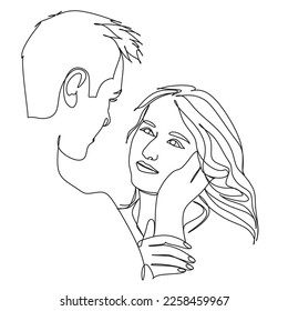 One Line Art Couple, Line Art Men and woman, 2 faces. Couple print, Kiss print .vector line drawing.