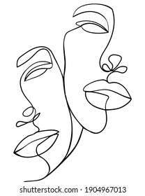 One Line Art Couple  Valentines Day Illustration  Love poster  Two faces     Vector illustration