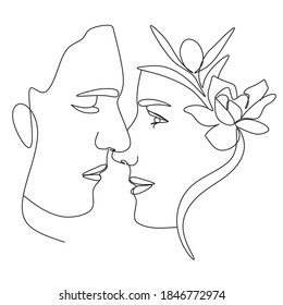 One Line Art Couple Vector drawing. Minimal Wall Art. Face Line Couple print. Kiss print.Portrait minimalistic style. Beaty salon art . One Line Print. Couples Faces Kissing  print.