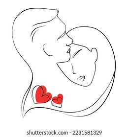 One Line Art Couple.Line Art Men and woman with hearts,Minimal Face vector illustration.Couple in love print.Valentines Day concept