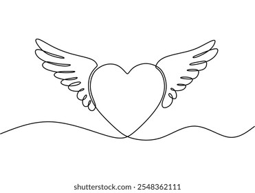 One line art depicting a heart with wings, expressing freedom, love, and passion. Minimalist style for romance-themed concepts.