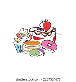 One line art dessert elements. Cafe and bakery concept. Modern logo, graphic, icon, continuous line, illustration