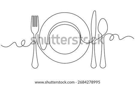 One Line Art Dining Set - Minimalist Continuous Line Drawing of Plate, Fork, and Spoon