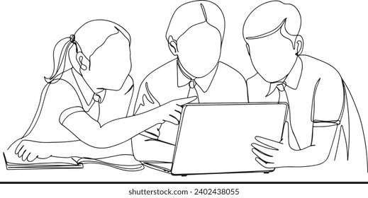 One line art of diverse school kids with computer, Cartoon illustration of kids using laptop together, Elementary education program illustration with laptop