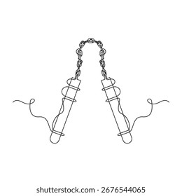 una línea de arte Double Stick o Nunchaku Ilustración vectorial. línea de arte, una línea continua, simple, dibujado a mano y estilo de boceto. para iconos, símbolos, signos o logotipos