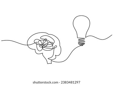 One line art drawing. Brain with light bulb. Vector illustration isolated. Minimalist design handdrawn.