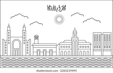 Eine Linie Zeichnung einer Skyline-Vektorgrafik von Casablanca. Reise- und Wahrzeichen, Vektorgrafik Design Konzept. Modernes Stadtdesign, Vektorgrafik. Arabische Übersetzung: Casablanca