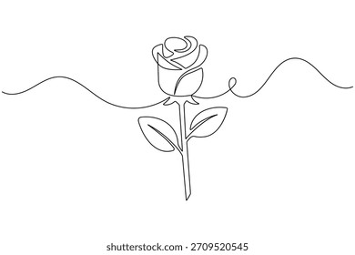 Una línea de dibujo de arte de una delicada flor de rosa con tallo y dos hojas.
