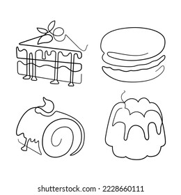 One Line Art Zeichnen Nachtisch und süße Zeichnung abstrakt minimal. Kuchen, Macaroon, Rollkuchen, Pudding