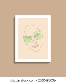 one line art drawing, hand painted, Continuous line vector woman green eye glass, trendy abstract poster illustration and modern minimalist