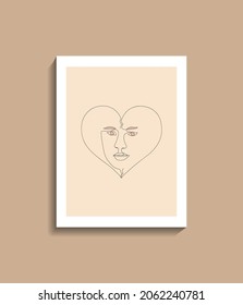 one line art drawing, hand painted, Continuous line vector face inside broken love, trendy abstract poster illustration and modern minimalist