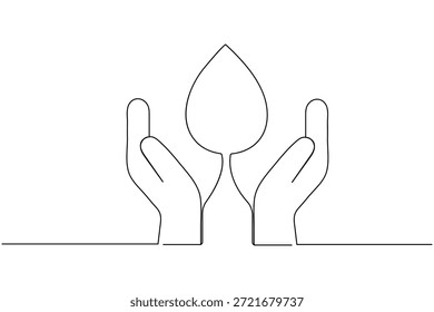Una línea de dibujo de arte de manos sosteniendo una gota de agua para el concepto de conservación ambiental