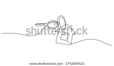 one line art drawing of a house with a key, Set of keys against white background, Continuous one line art drawing symbol of house keys, Real estate line icon vector design,
