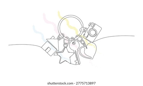 One line art drawing of a keychain with charms; minimalist design, symbolizing home, travel, and treasured moments.