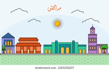 One line art drawing of a Marrakech skyline vector illustration. Traveling and landmark vector illustration design concept. Modern city design vector. Arabic translate : Marrakech