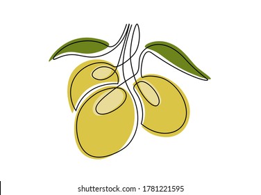 One line art drawing of olives for posters. Colorful olive branch for logo, minimalist sketch isolated on white background. Vector illustration