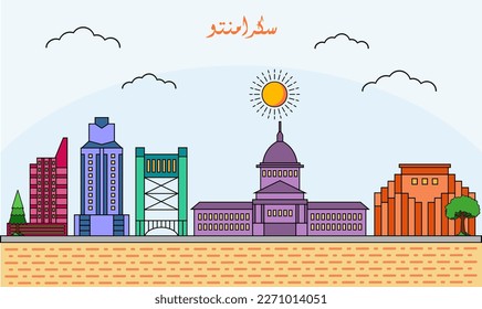 Eine Linie Zeichnung einer Skyline-Vektorgrafik von Sacramento. Reise- und Wahrzeichen, Vektorgrafik Design Konzept. Modernes Stadtdesign, Vektorgrafik. Arabische Übersetzung: Sacramento
