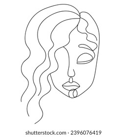 One line art drawing sketch of young woman girl isolated on white.Organic cosmetics, beauty and hair care 