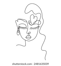 One line art drawing sketch of young woman girl isolated with waved curl hair on white.Organic cosmetics,