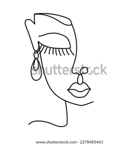 One line art drawing sketch of young woman girl with earring isolated on white.Organic cosmetics, beauty and jewelry 