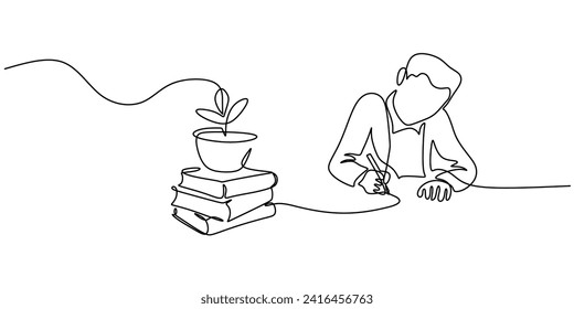 One line art drawing of student writing and study beside of pile of books. Education theme concept.