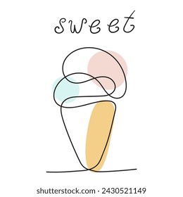 One line art drawing style. Ice cream. Word - sweet. Hand drawn vector illustration on white background.