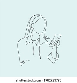 One line art drawing of woman or man touch the screen of smartphone. Making online stories or streaming in social networks. Transaction on online. Gadget device concept