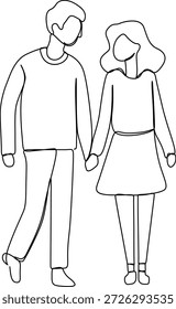 Una línea de dibujo artístico de una pareja joven caminando juntos mientras se toman de las manos. Concepto de arte de una línea para el día de San Valentín