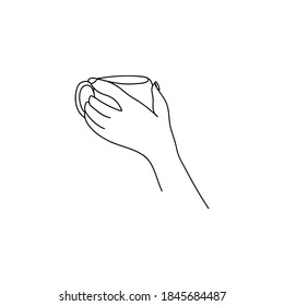 Una línea de arte dibujada a mano sosteniendo una taza con té o café. Ilustración vectorial de línea continua. Diseño lineal simple para impresión, afiche o tarjeta. Ilustración de estilo de vida acogedor para vacaciones o temporada fría
