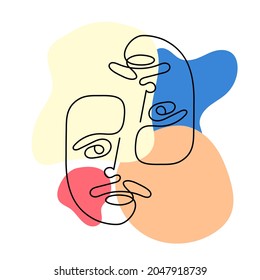 One line art face man, modern contemporary minimalist abstract man portrait. A man with a mustache. Continuous one line drawing faces. Vector illustration