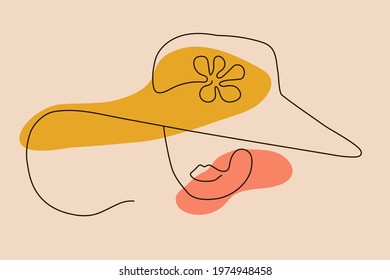 One line art face. Woman's face. Abstract poster. Vector hand drawn illustration. Minimal woman face in hat. Simple linear style. Character.