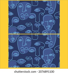 One line art faces pattern