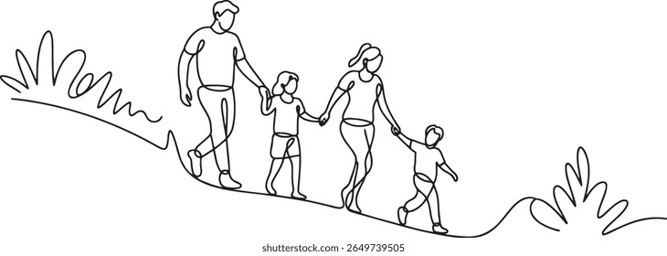 One Line Art of a Family Walking Together Down a Hill Hand in Hand Happy and Peaceful