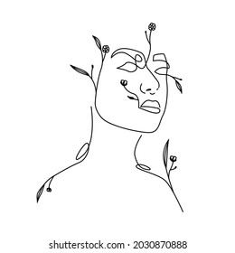 one line art female face with flower - fashionable print in isolated