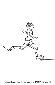 One line art of female soccer player, continuous line woman soccer. Vector graphic.