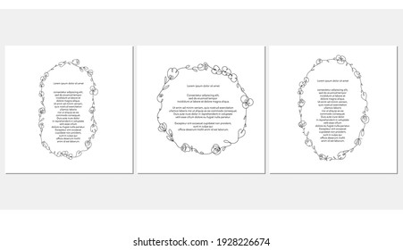 Colección de marcos florales de una línea de arte . Conjunto de varias decoraciones minimalistas monocromáticas hechas a mano. Diseño romántico de tarjetas de boda.