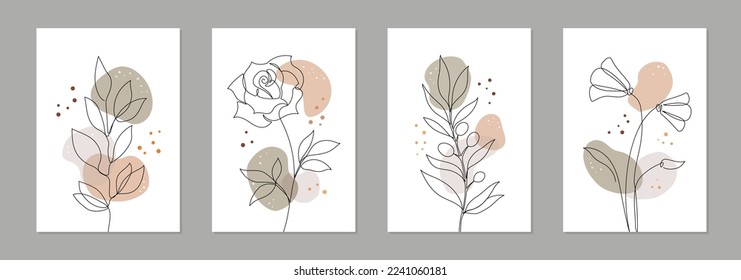 One line art flower poster set. Single continuous line leaf, flower minimal design background. Botanical abstract art for print, wallpaper. Vector illustration